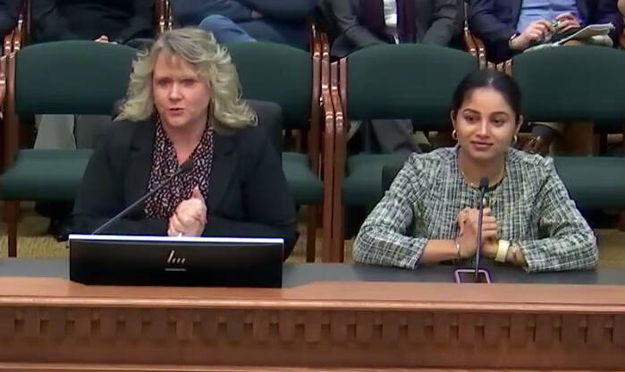 Kent Mayor Dana Ralph, left, and City Councilmember Satwinder Kaur testify Jan. 16 in Olympia in support of a House bill to allow counties and cities to increase sales taxes to hire more police officers. Screenshot via TVW