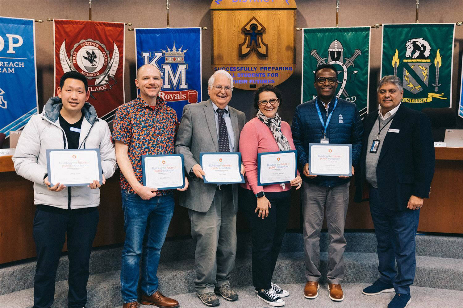 Kent School Board members, from left to right, Andy Song, Donald Cook, Tim Clark, Meghin Margel and Awale Farah with Superintendent Israel Vela. COURTESY PHOTO, Kent School District