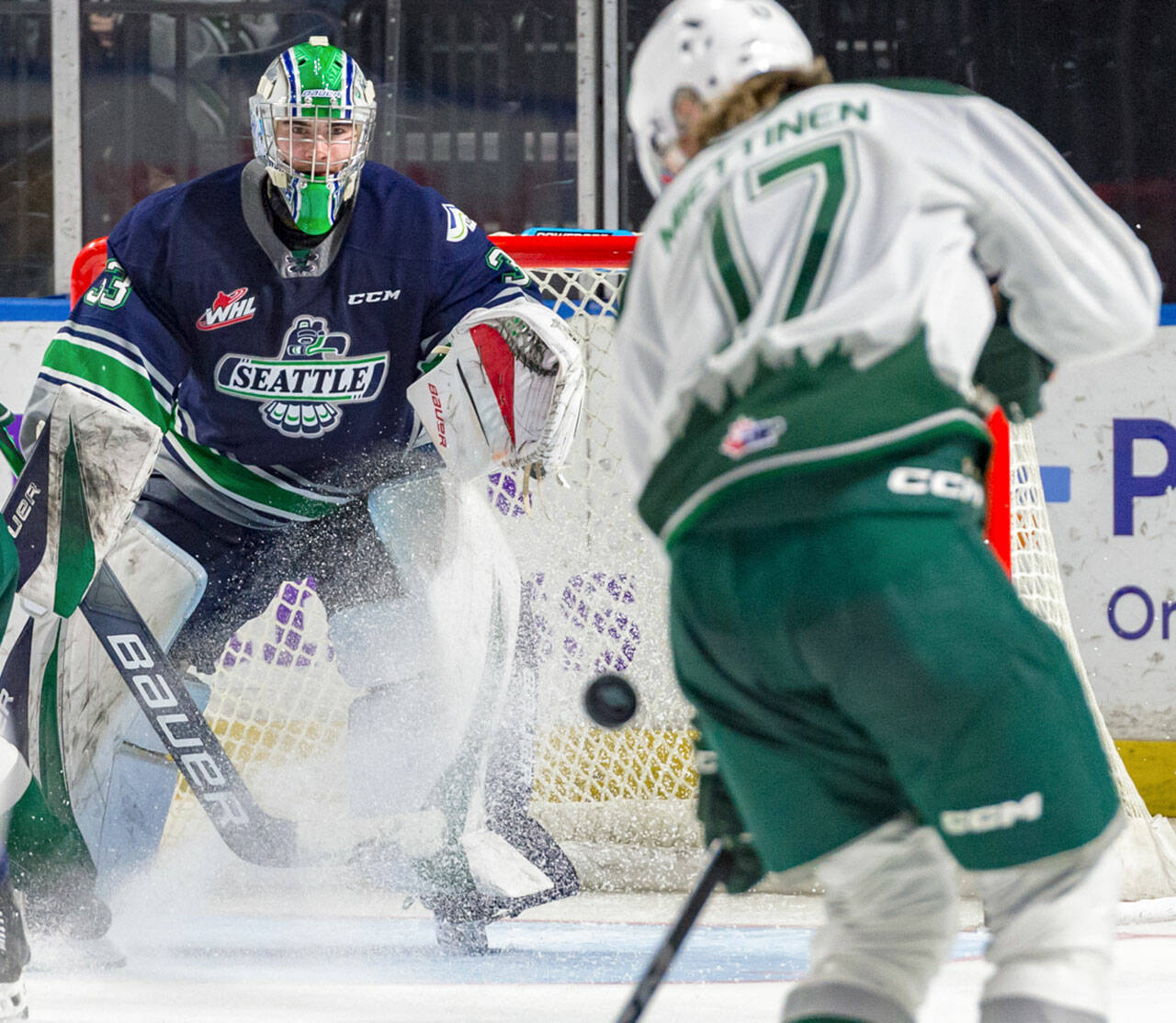 Seattle Thunderbirds goalie Scott Ratzlaff stopped a career high 62 of 63 shots against the Everett Silvertips on Jan. 27 at the accesso ShoWare Center in Kent. COURTESY PHOTO, Brian Liesse, Seattle Thunderbirds