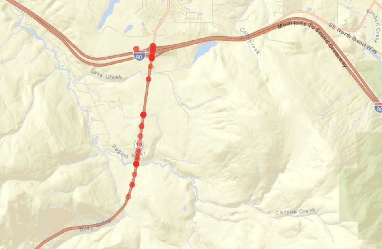 Screenshot from the Washington State Patrol
This map depicts the collisions that occurred throughout 2023 along the State Route 18. The darker the dot means there are multiple collisions at that location.