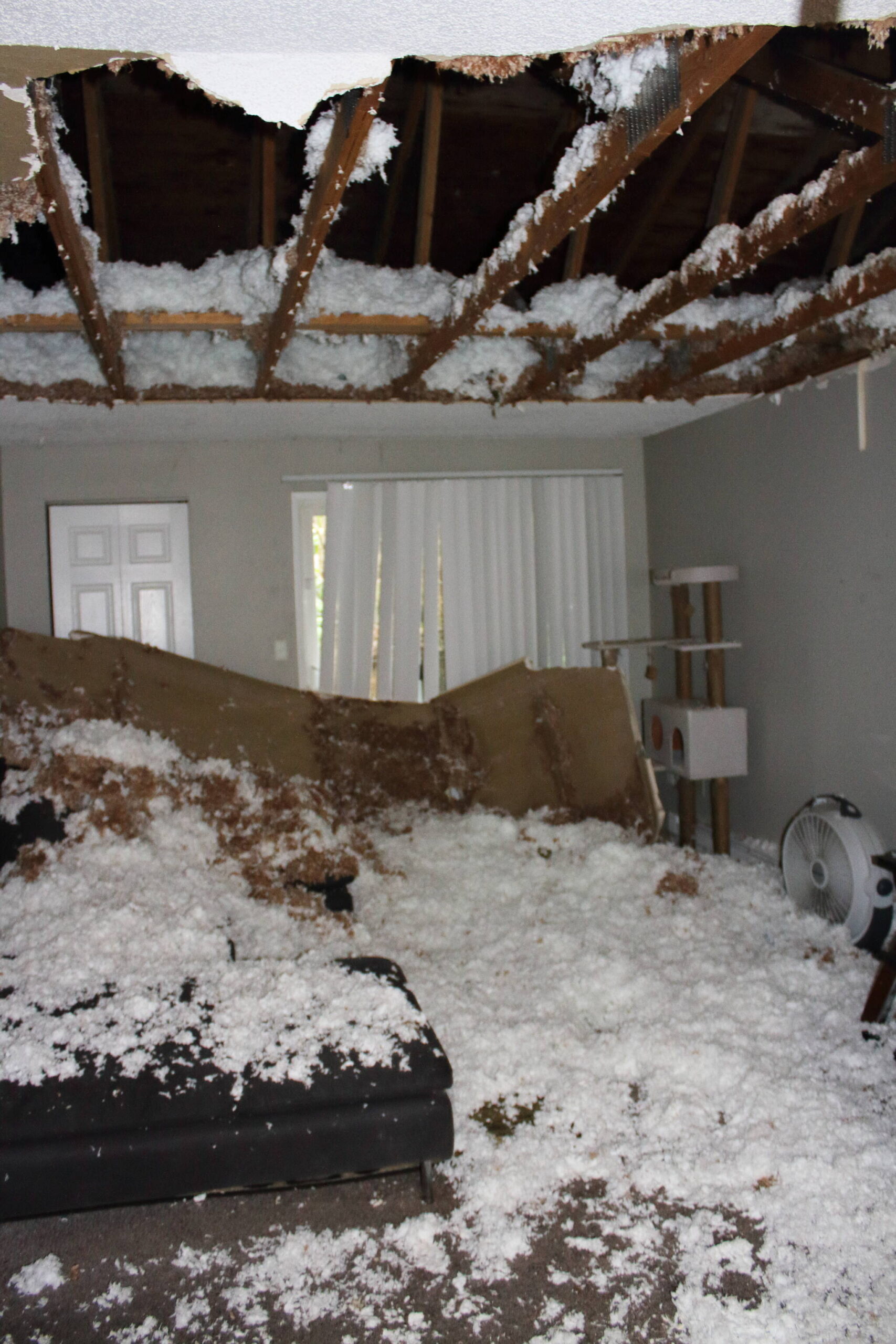 Naked beams and insulation are all that is left after the ceiling fell in for the second time in Katherine Blinkova’s apartment. Photo by Keelin Everly-Lang / The Mirror