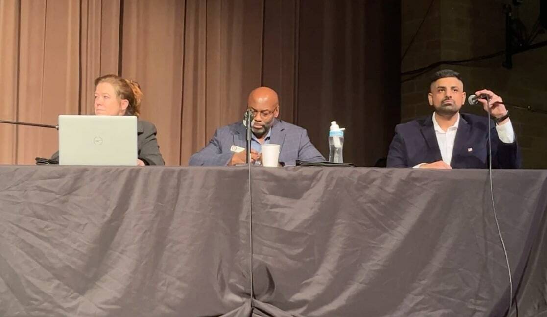 The “vote no” side of the forum featured (from left to right) Diane Dobson, CEO of the Renton Chamber of Commerce; James Alberson Jr., Renton City Councilmember and business owner; and local business owner Ramandeep Mann. (Screenshot from Renton Reporter video)