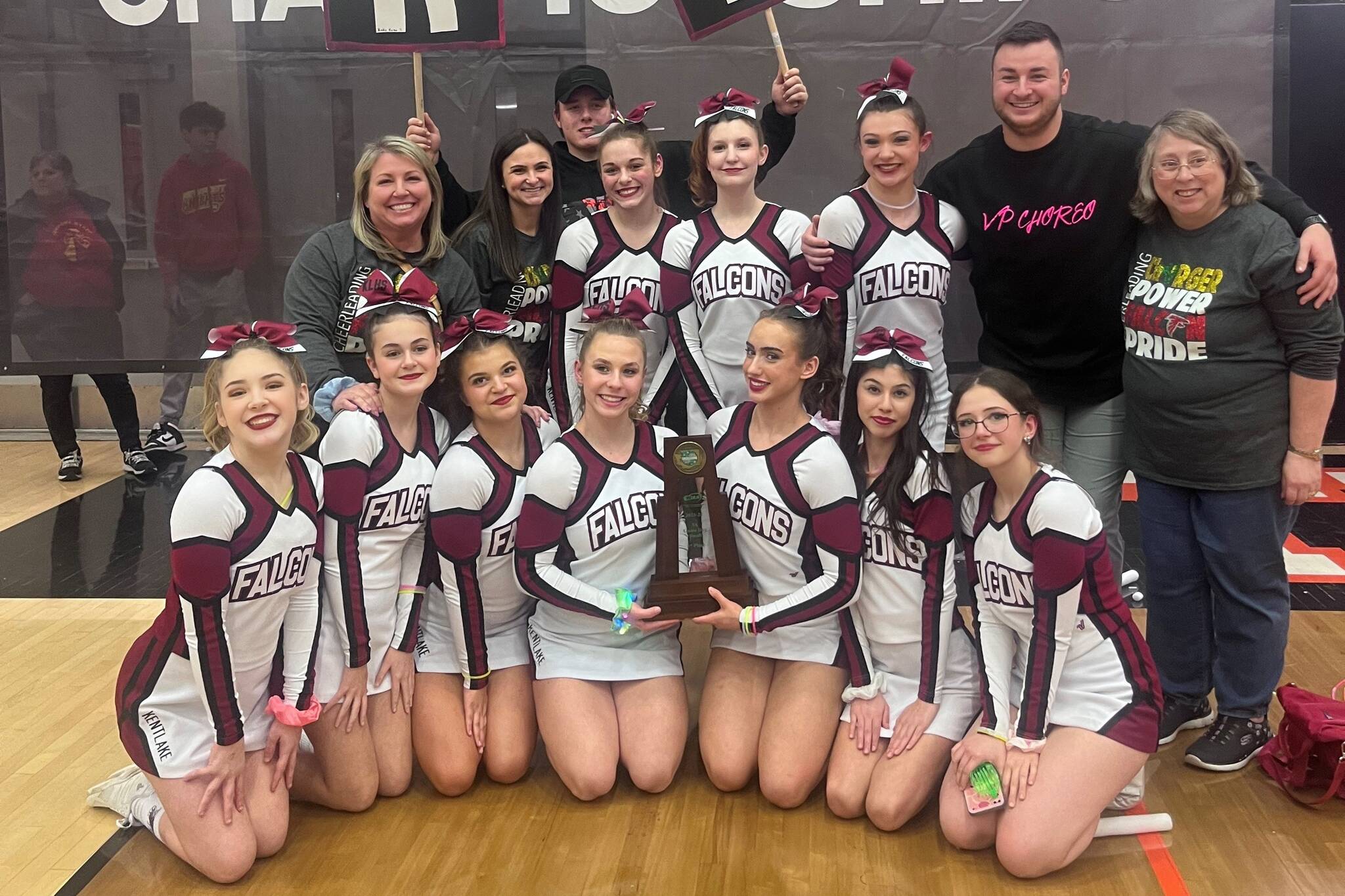Courtesy photo
Pictured: Kentlake High School’s cheer team. Kentlake won one category over Gig Harbor and 3A NPSL rival Auburn Riverside in the 3A Game Day Small event. The Falcons scored 77.6 just beating out the Tides, who scored 76.6.