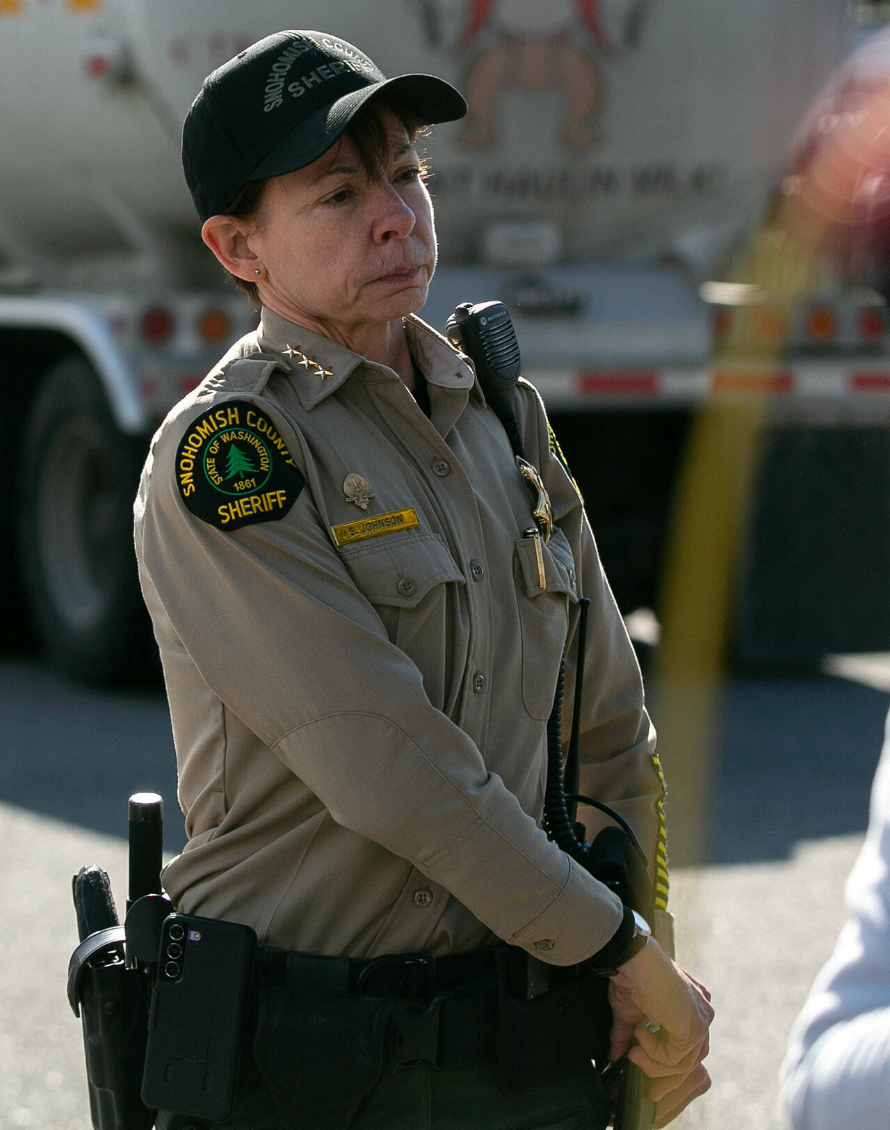 Snohomish County Sheriff Susanna Johnson attends a press briefing outside state patrol’s District 7 Headquarters in Marysville, regarding the crash that killed a trooper on southbound I-5 on Saturday, March 2, 2024, in Marysville, Washington. (Ryan Berry / The Herald)