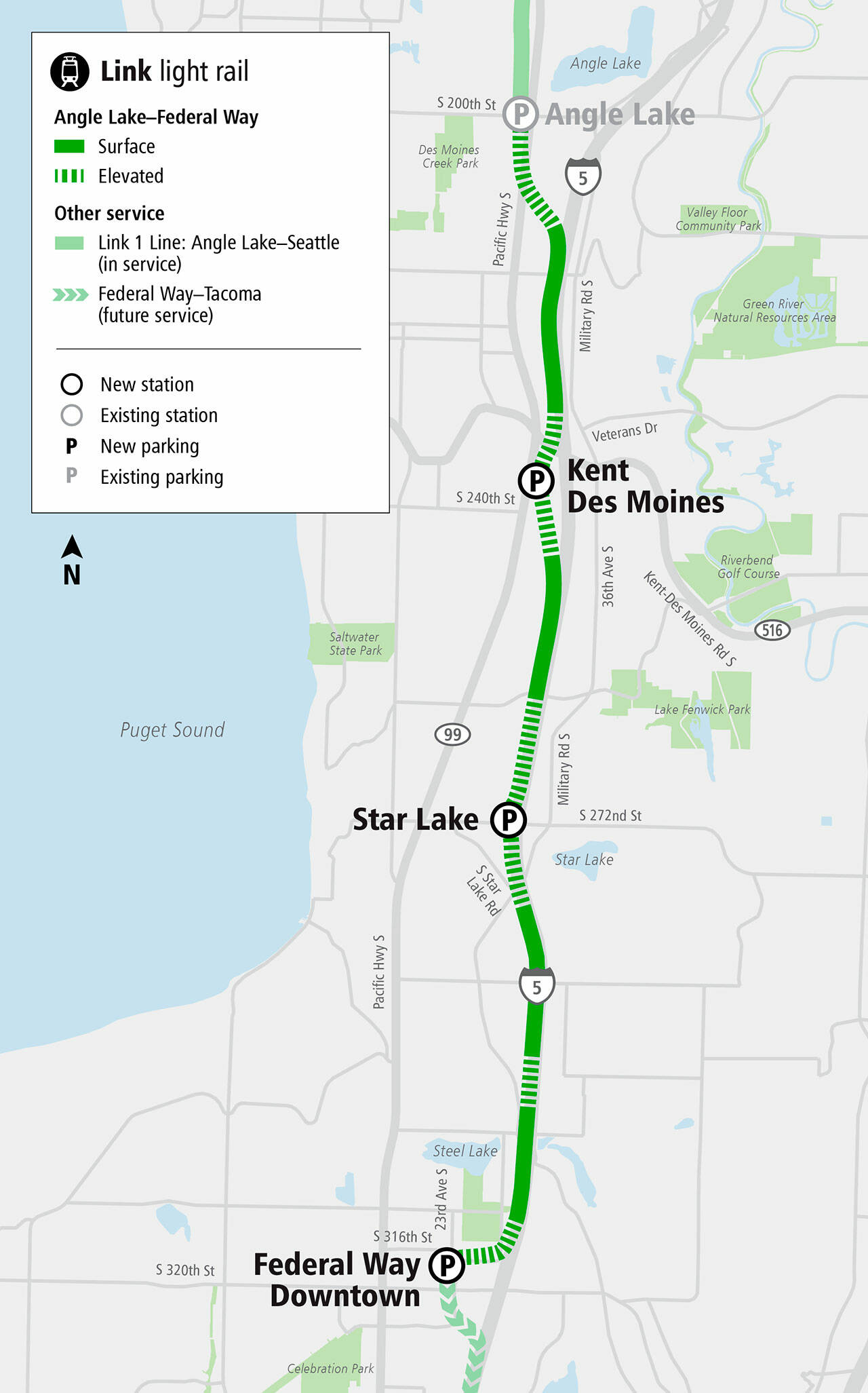 A map of the light rail extension with three new stations. COURTESY GRAPHIC, Sound Transit