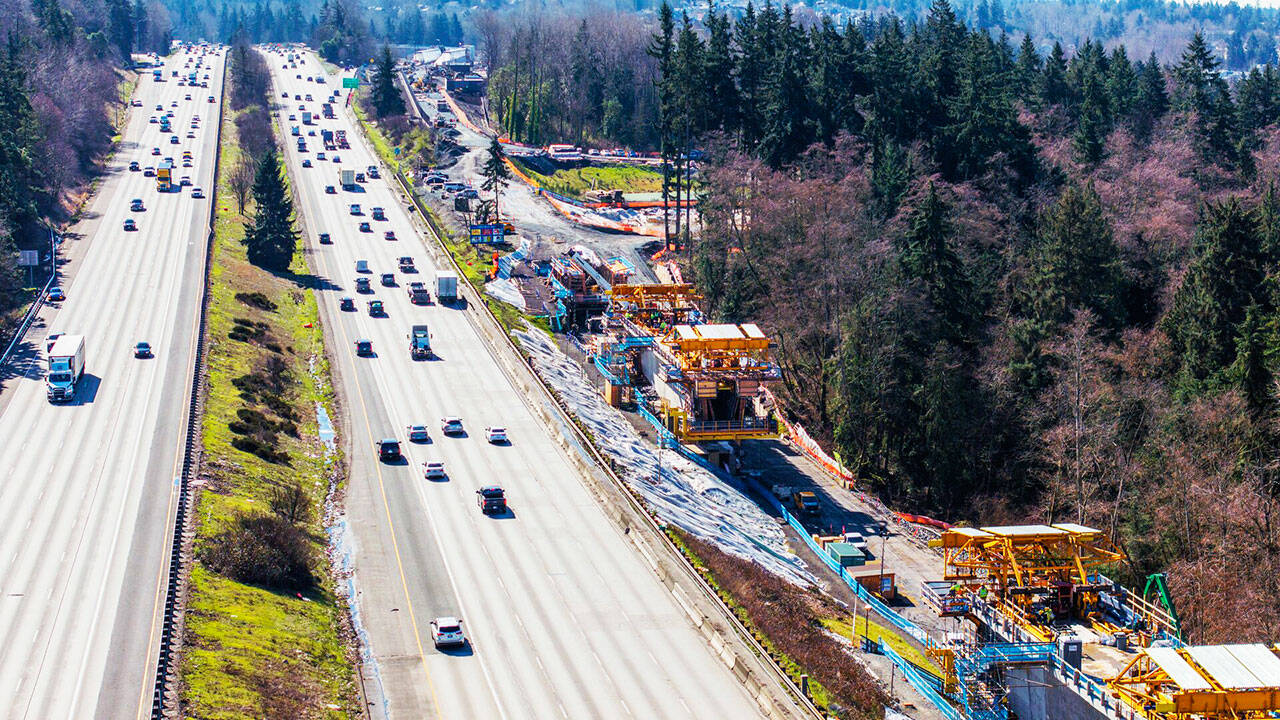 Crews are building a bridge for a portion of the light rail route in Kent along Interstate 5, looking south toward South 272nd Street, due to soil conditions near a wetland. COURTESY PHOTO, City of Kent