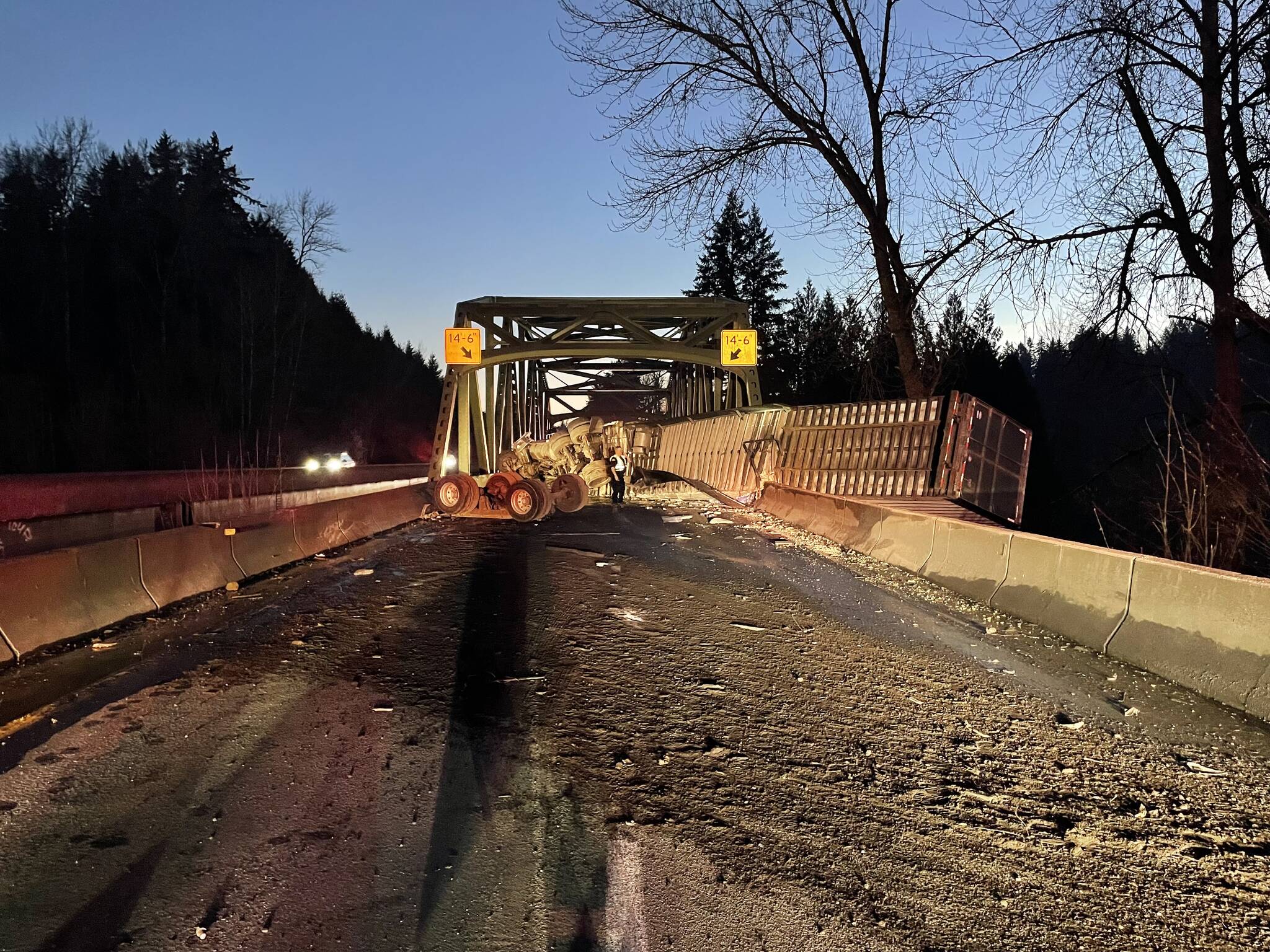 The scene of the semi-truck collision on SR 18 in Auburn posted at 6:49 a.m. Tuesday, March 19. (Courtesy of the Zone 3 PIOS.)