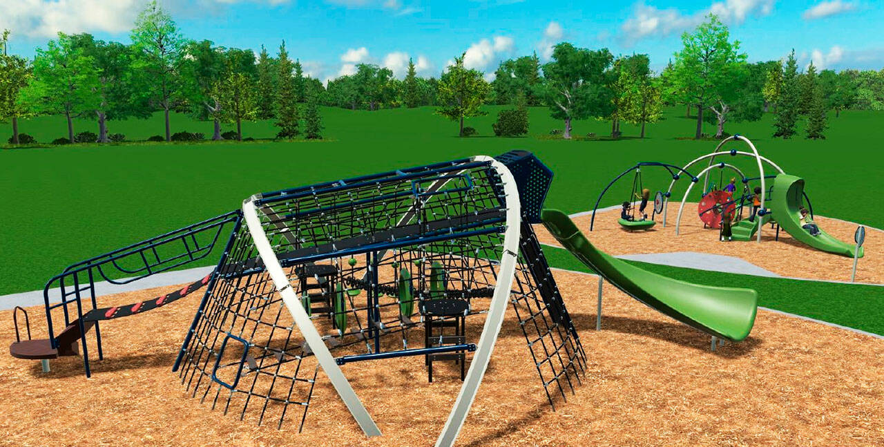A rendering of a new playground for children ages 5-12 to be installed at Springwood Park on Kent’s East Hill. COURTESY IMAGE, City of Kent Parks