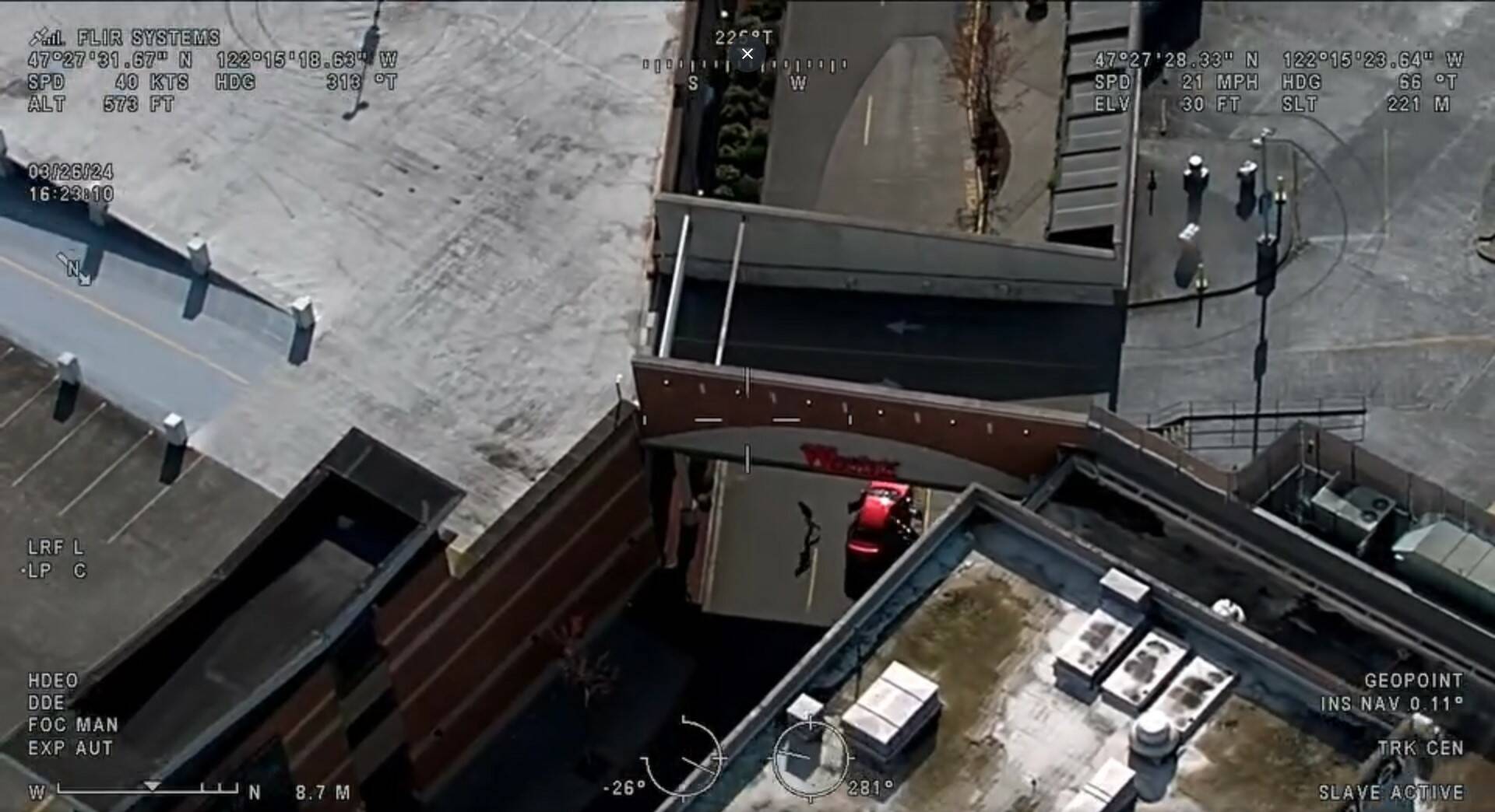 (Screenshot via King County Sheriffs Office of pursuit of vehicle at Southcenter Mall)