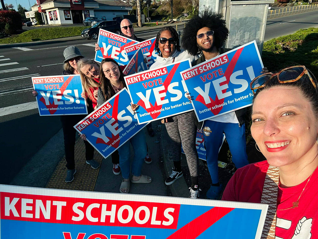 Members of the Kent Education Association (teachers’ union) rally for the Kent School District measure on the April 23 ballot. COURTESY PHOTO, Kent Education Association