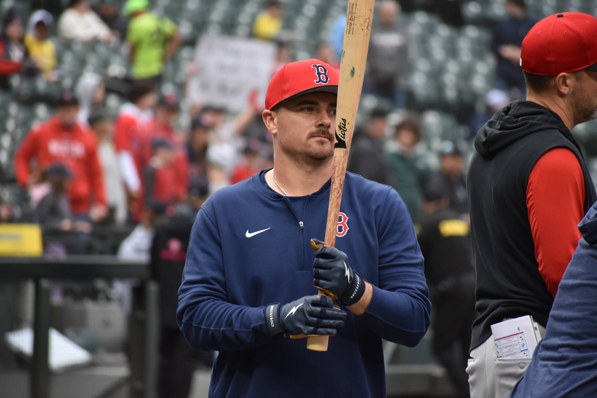 Reese McGuire takes batting practice at T-Mobile Park for the Red Sox. Ben Ray / The Reporter