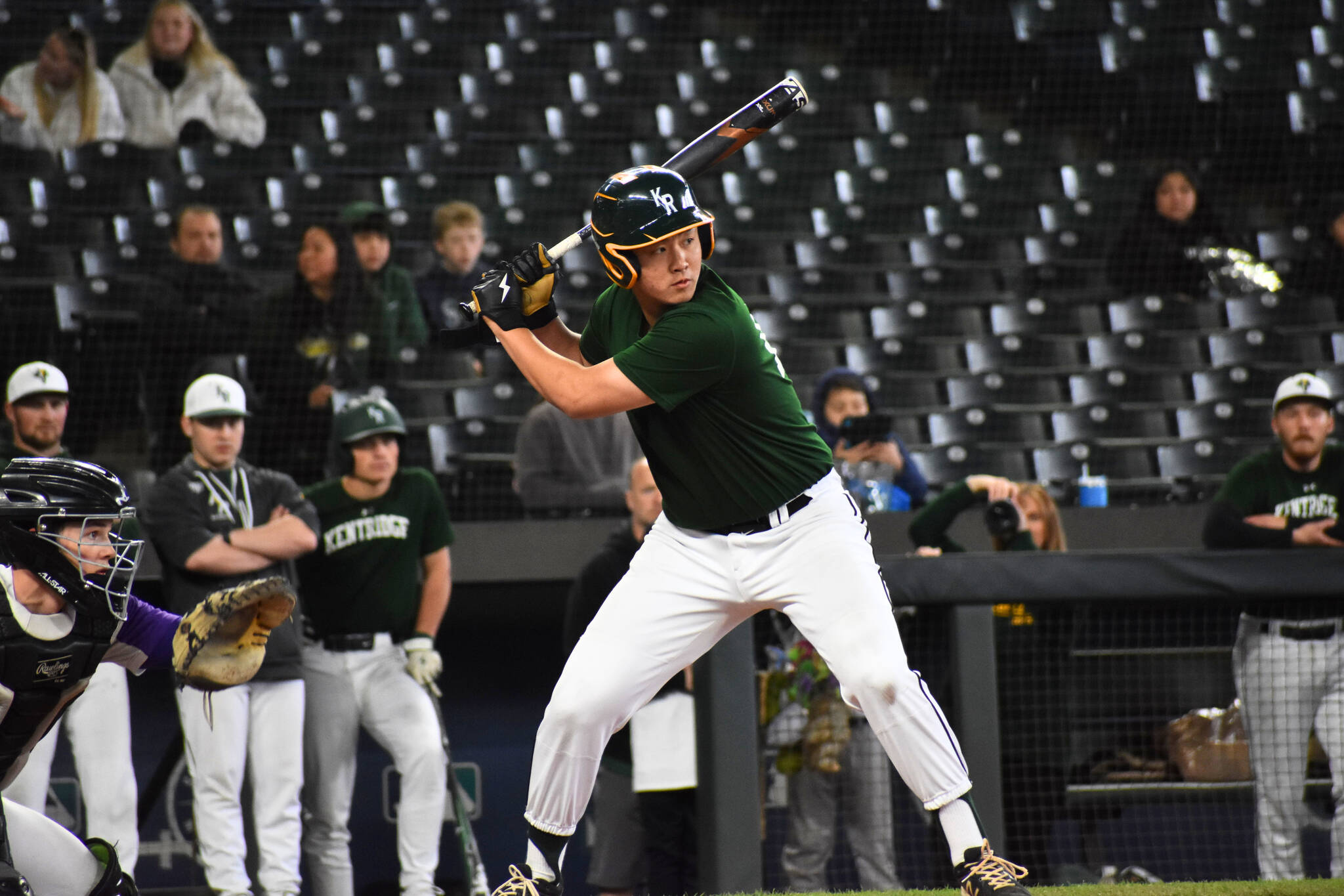Ethan Sugimoto gets ready to hit at T-Mobile Park against Lake Washington. Ben Ray / The Reporter
