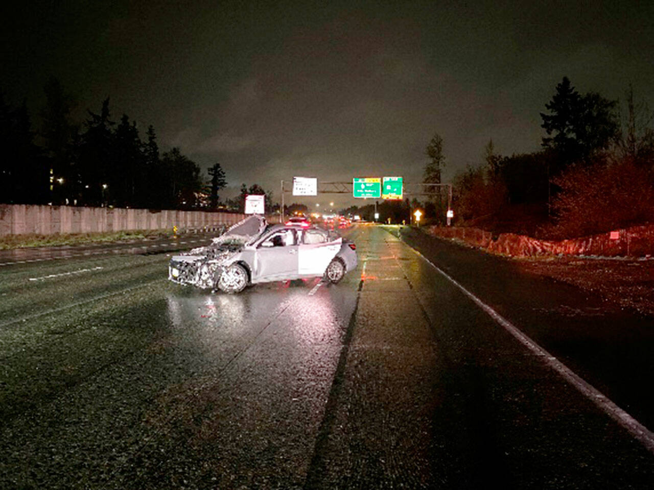Washington State Patrol are looking for witnesses that might have seen this Nissan Sentra collide with another vehicle on Monday night, April 8 along Interstate 5 in Kent near State Route 516. The driver fled the scene on foot. COURTESY PHOTO, Washington State Patrol