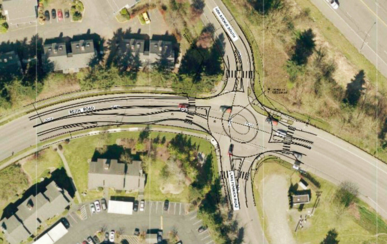 A rendering of the roundabout to be built along Reith Road at the intersection of Lake Fenwick Road and 44th Avenue South. COURTESY IMAGE, City of Kent