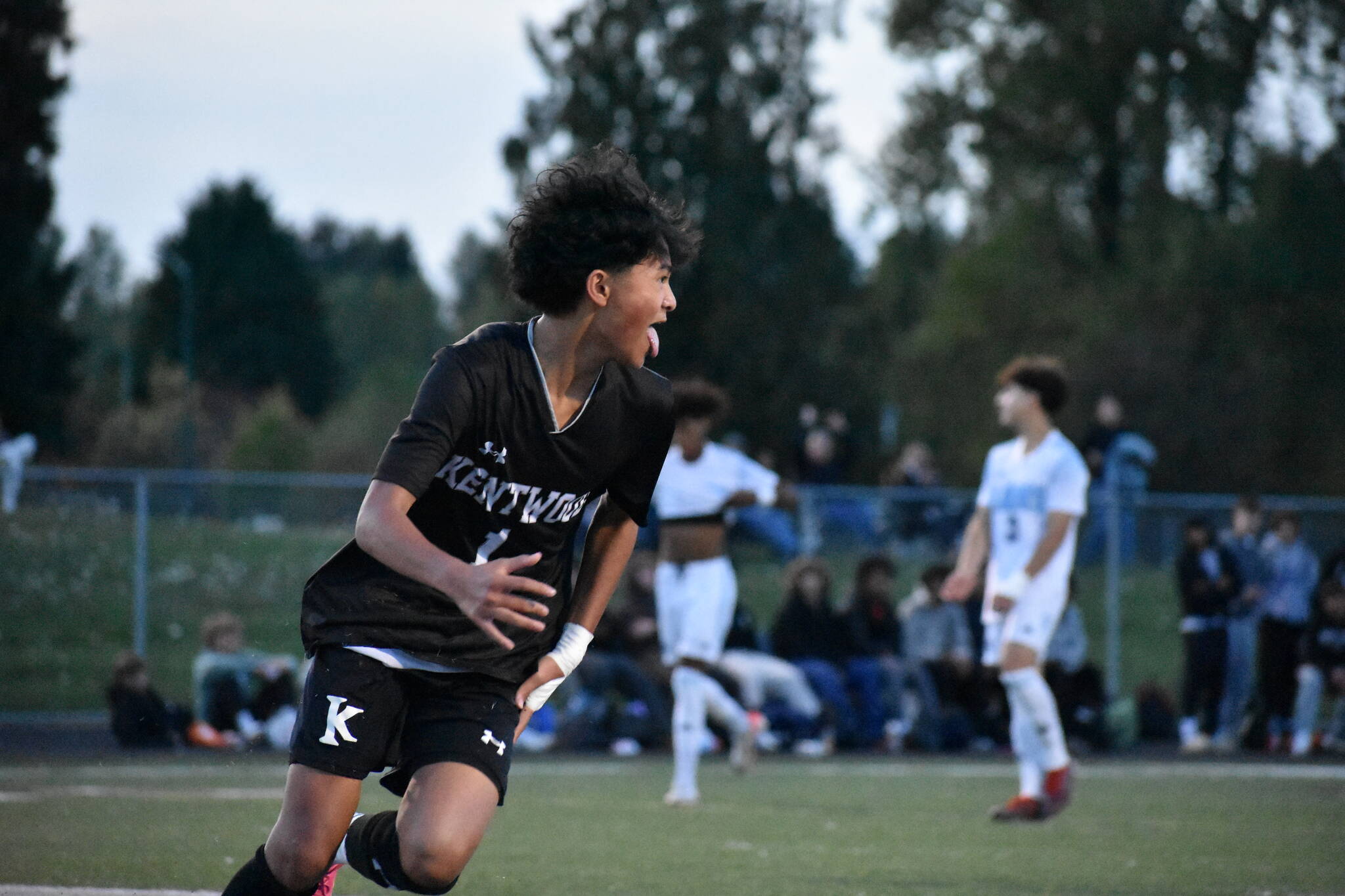 Ethan Nonthaveth scores the second Kentwood goal for the Conks in a minute against Mount Rainier. Ben Ray / The Reporter