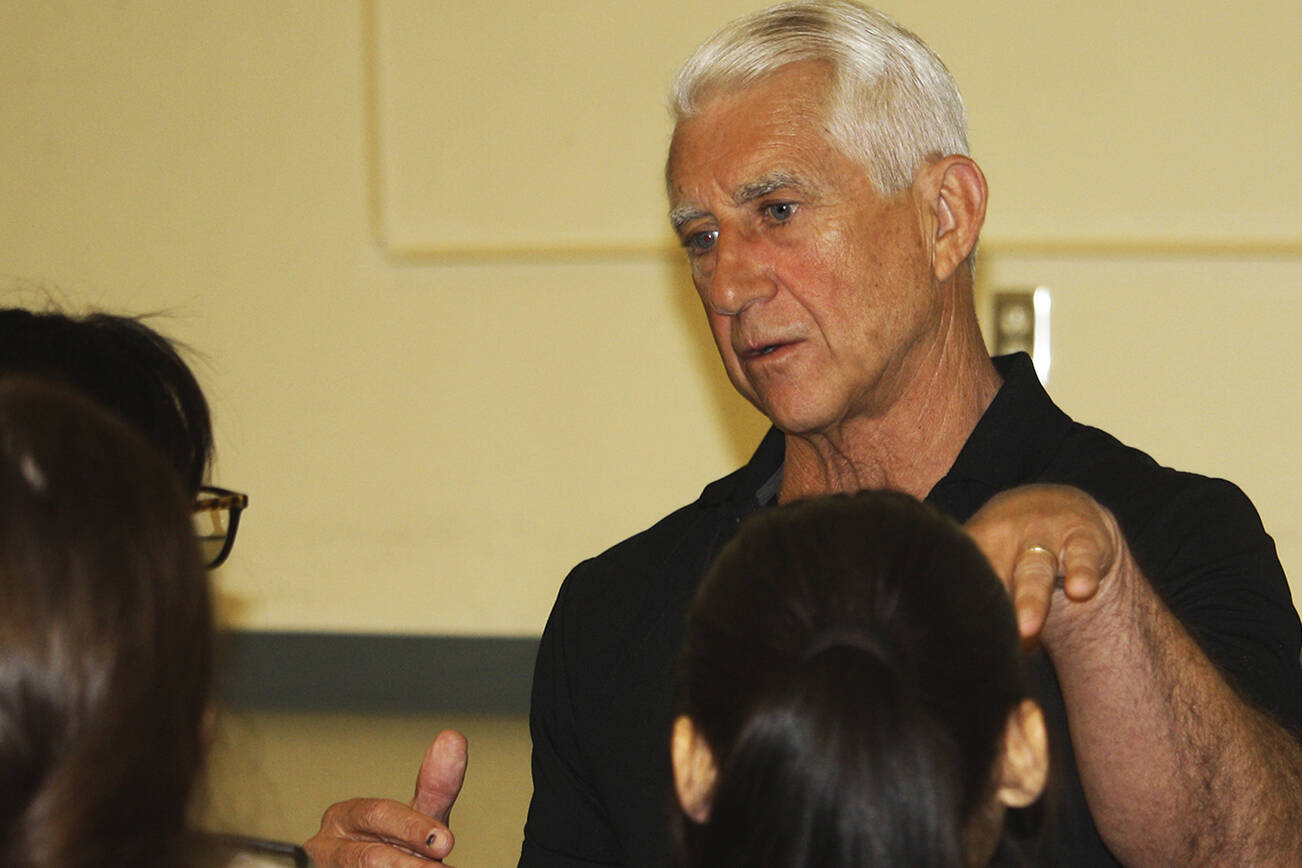 Former King County Sheriff Dave Reichert answers questions from students April 23 at Kent-Meridian High School about the Green River Killer case. STEVE HUNTER, Kent Reporter