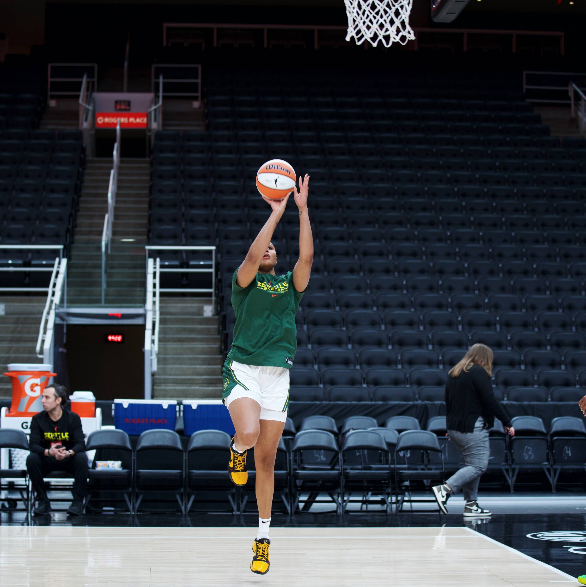 Quay Miller taking a shot during warmups in Canada. Photo provided by Seattle Storm