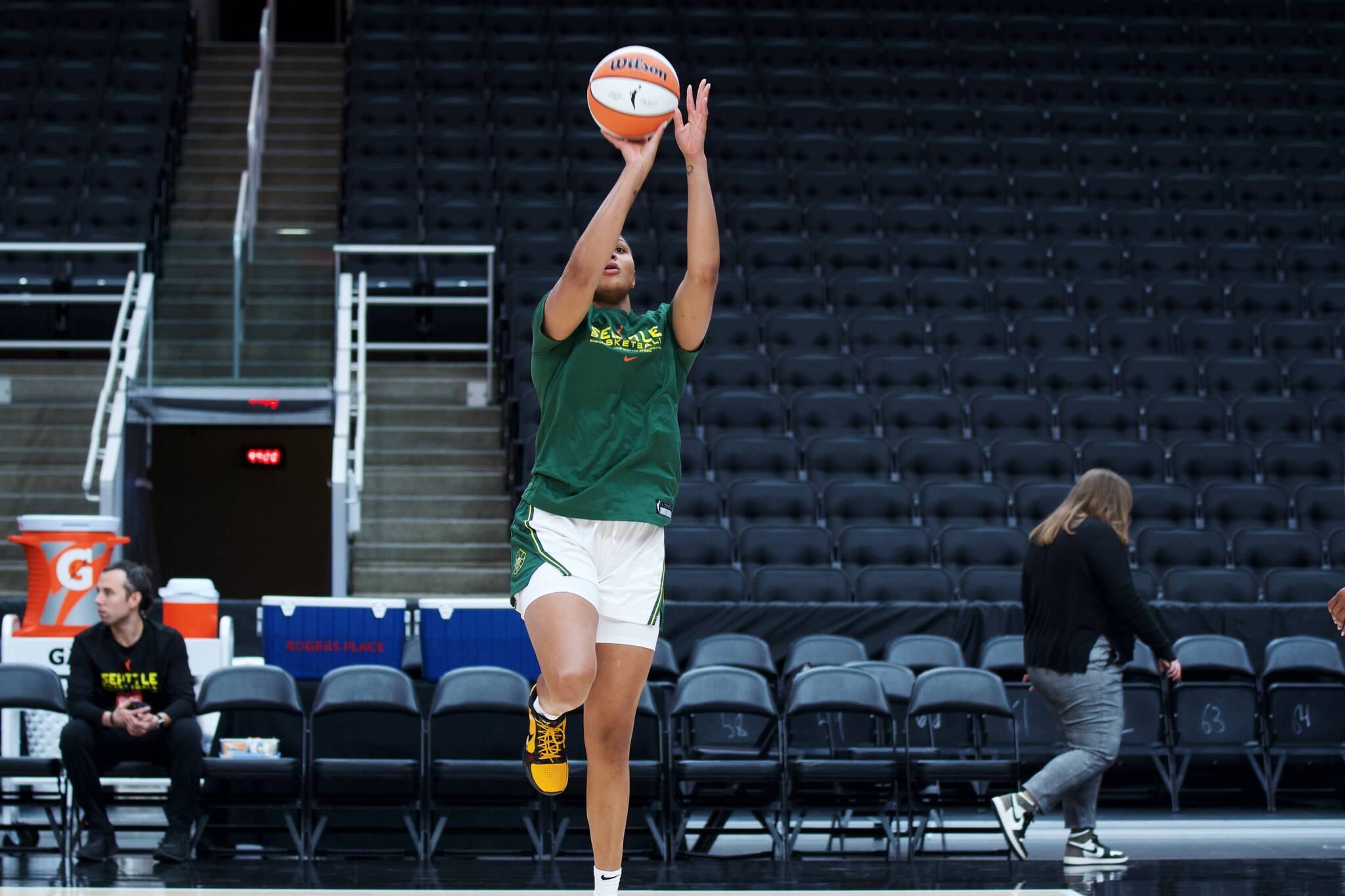 Quay Miller taking a shot during warmups in Canada. Photo provided by Seattle Storm.