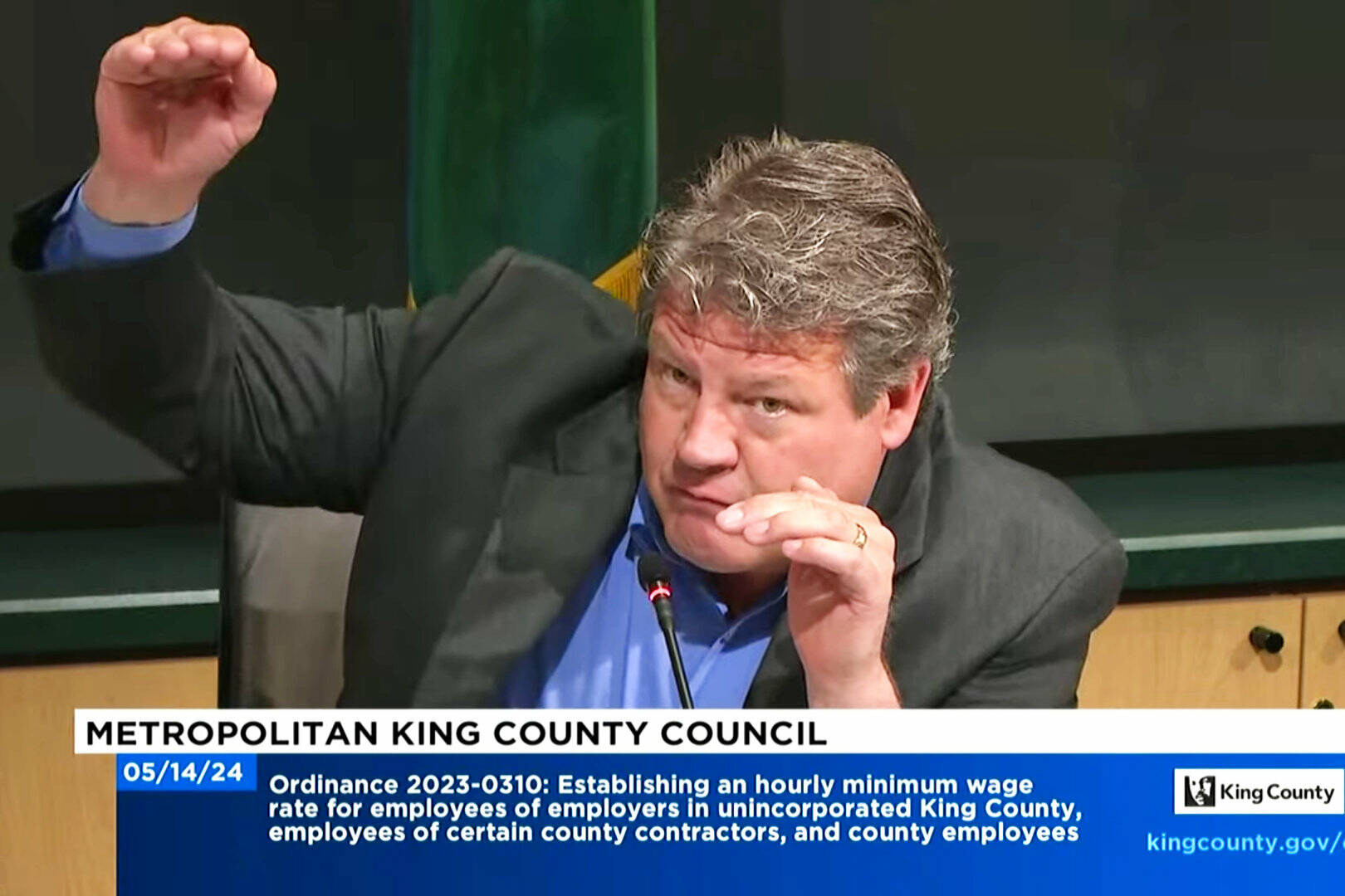 A screenshot of King County Councilmember Reagan Dunn speaking about a proposed amendment for the proposed $20 minimum wage ordinance. (Screenshot)