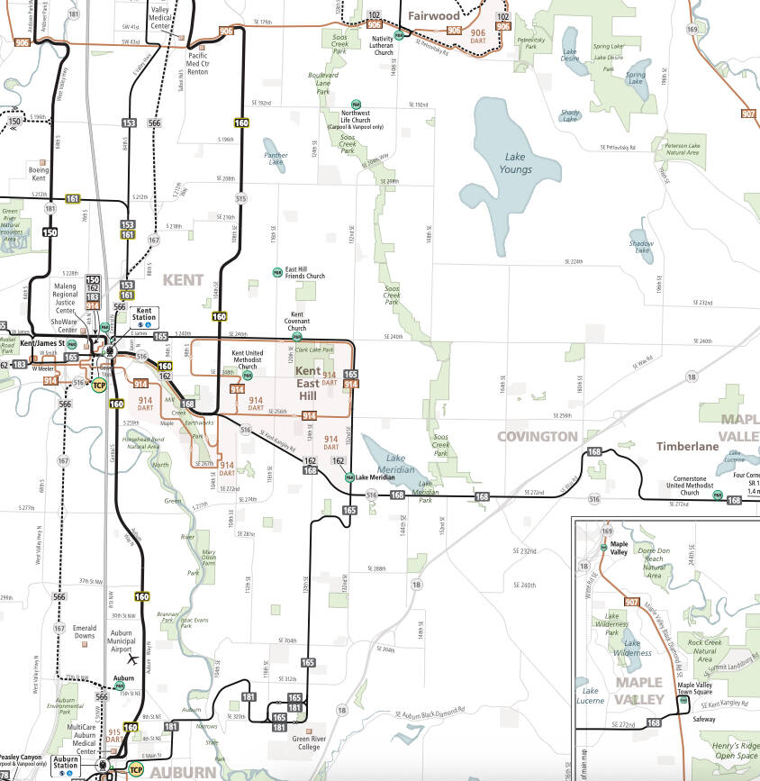 A look at Metro bus routes on Kent’s East Hill. COURTESY GRAPHIC, King County Metro
