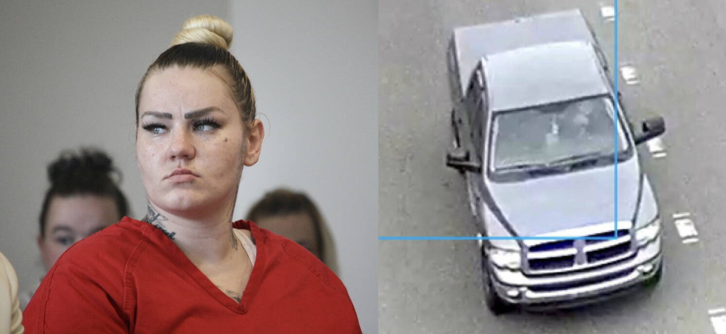 Photo by Joshua Solorzano/The Mirror
Hailey Bunkelman at her sentencing, and a photo from the Federal Way Police Department of the truck that hit Robert Spafford.