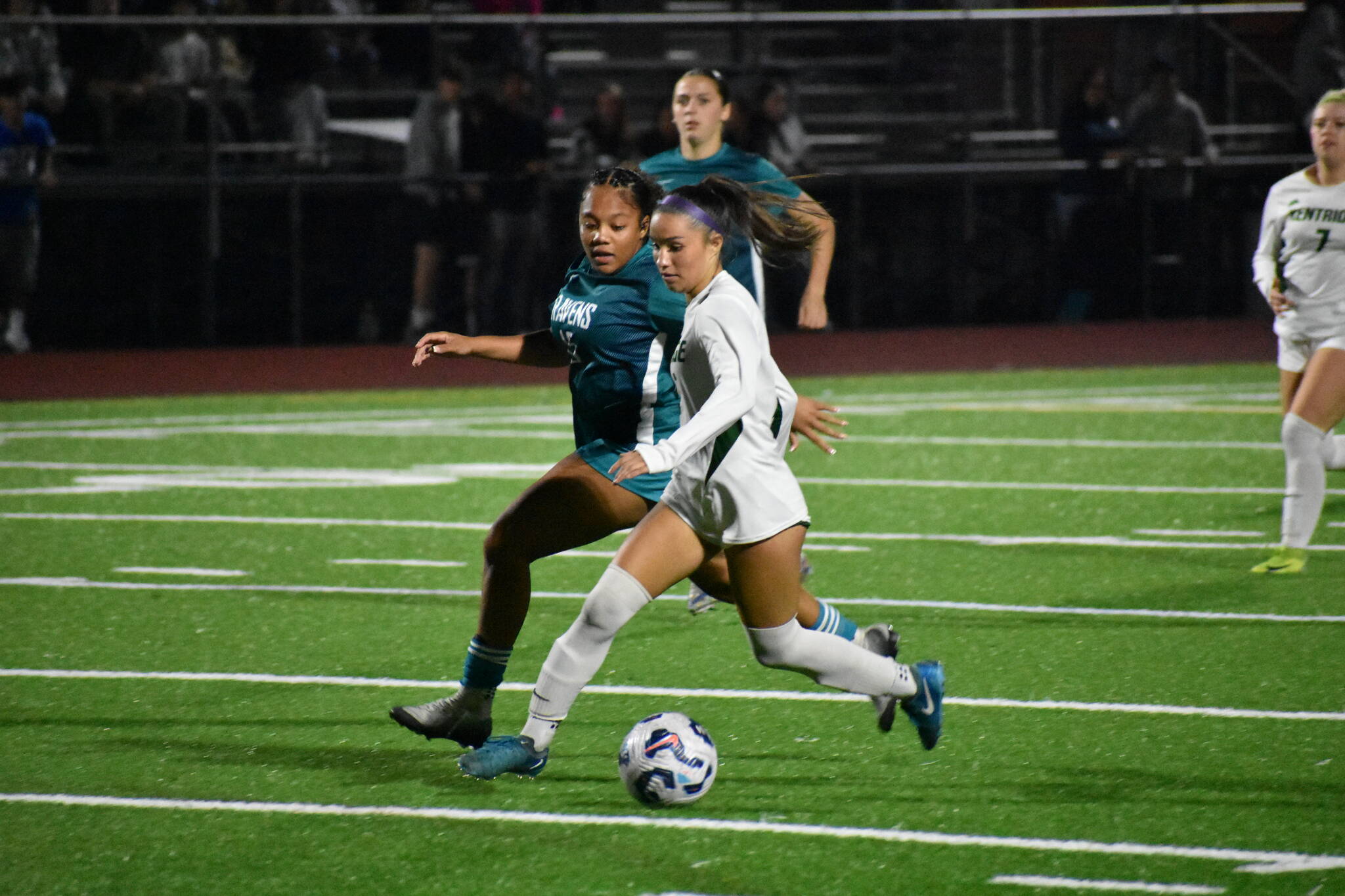 Natalia Krall-Cruz drives on goal en route to her first goal of the night against Auburn Riverside. Ben Ray / The Reporter