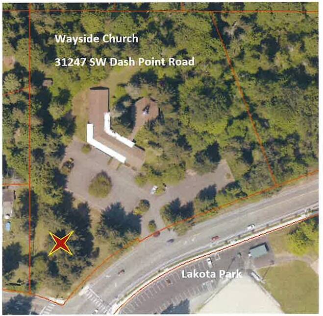 Wayside United Church of Christ (UCC) is at 31247 SW Dash Point Road. Out of two portions of the property that are currently vacant and wooded, the church believes that the portion of their property located at the intersection of SW Dash Point Road and 21st Avenue (marked by X on the map) would be the most appealing to a potential buyer. Image from city documents
