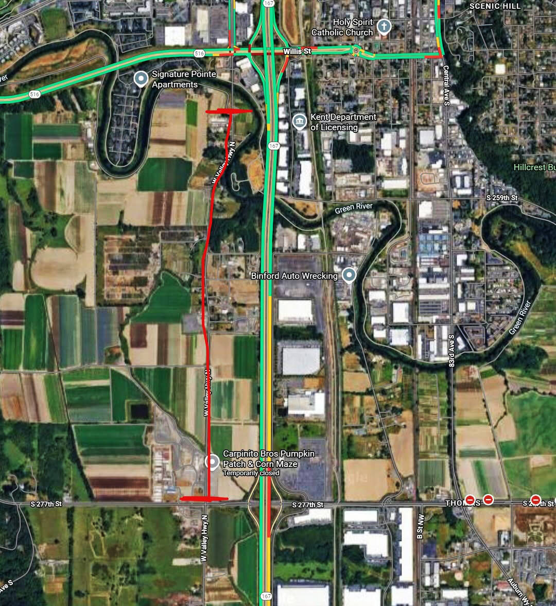 The city of Kent has closed West Valley Highway between Frager Road and South 277th Street near the Auburn border. COURTESY IMAGE, City of Auburn