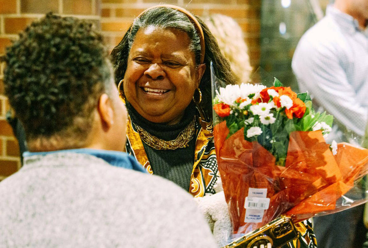 Councilmember Brenda Fincher visits with guests during a Dec. 9 gathering at City Hall to honor her for working 12 years on the City Council. COURTESY PHOTO, City of Kent