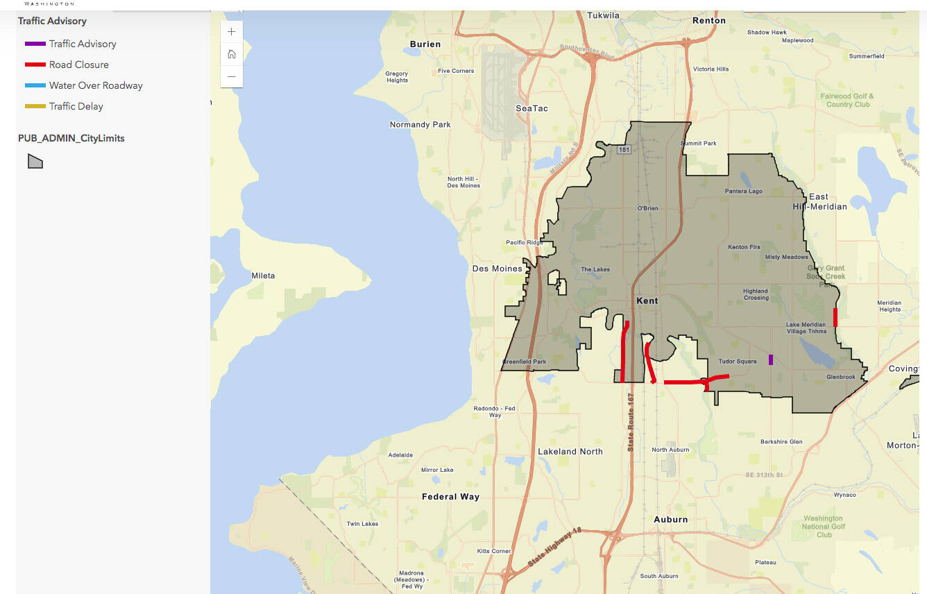 A map of closed roads due to water over roadway in Kent. COURTESY IMAGE, City of Kent