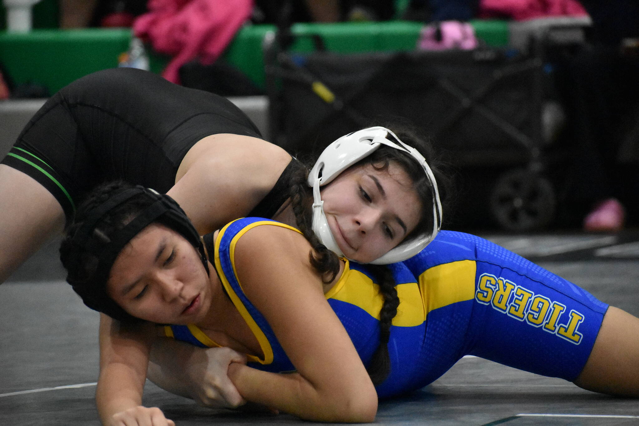 Karina Quebrado from Kentwood wrestles in her home gym. Ben Ray / The Reporter