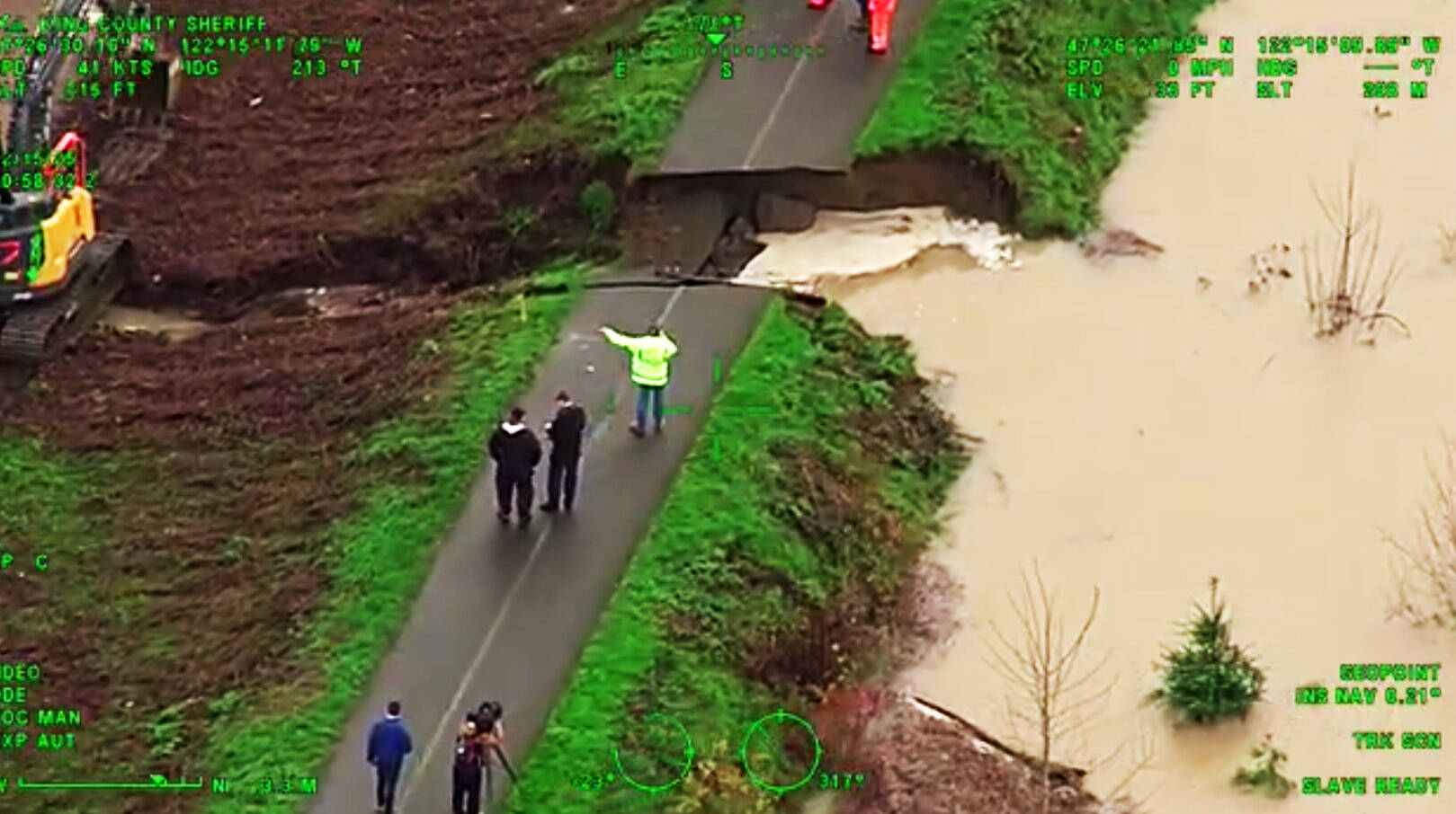 A breach in the Desimone Levee along the Green River on Dec. 15 in Tukwila. SCREENSHOT/Video, Courtesy King County Sheriffs Office