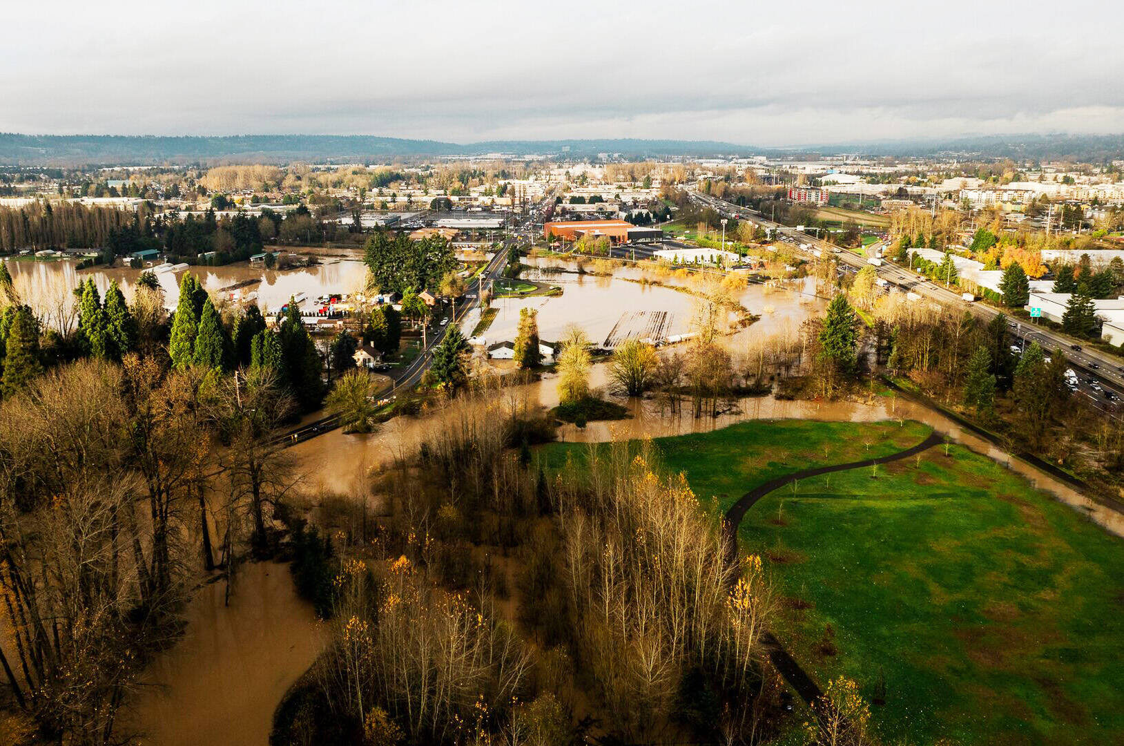 Looking north in Kent during the December flooding toward Willis Street with the West Valley Highway on the left and SR 167 on the right. COURTESY PHOTO, City of Kent
