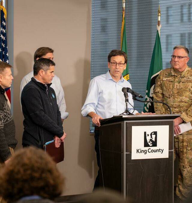 Gov. Bob Ferguson speaking to people about the December 2025 atmospheric flooding. COURTESY PHOTO, The Governors Office.