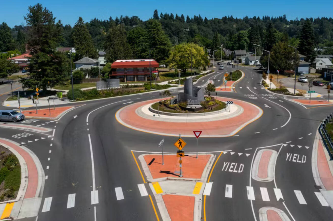 The roundabout at Fourth Avenue South and Willis Street in Kent. Two more roundabouts will be built over the next two years in the city. COURTESY PHOTO, City of Kent