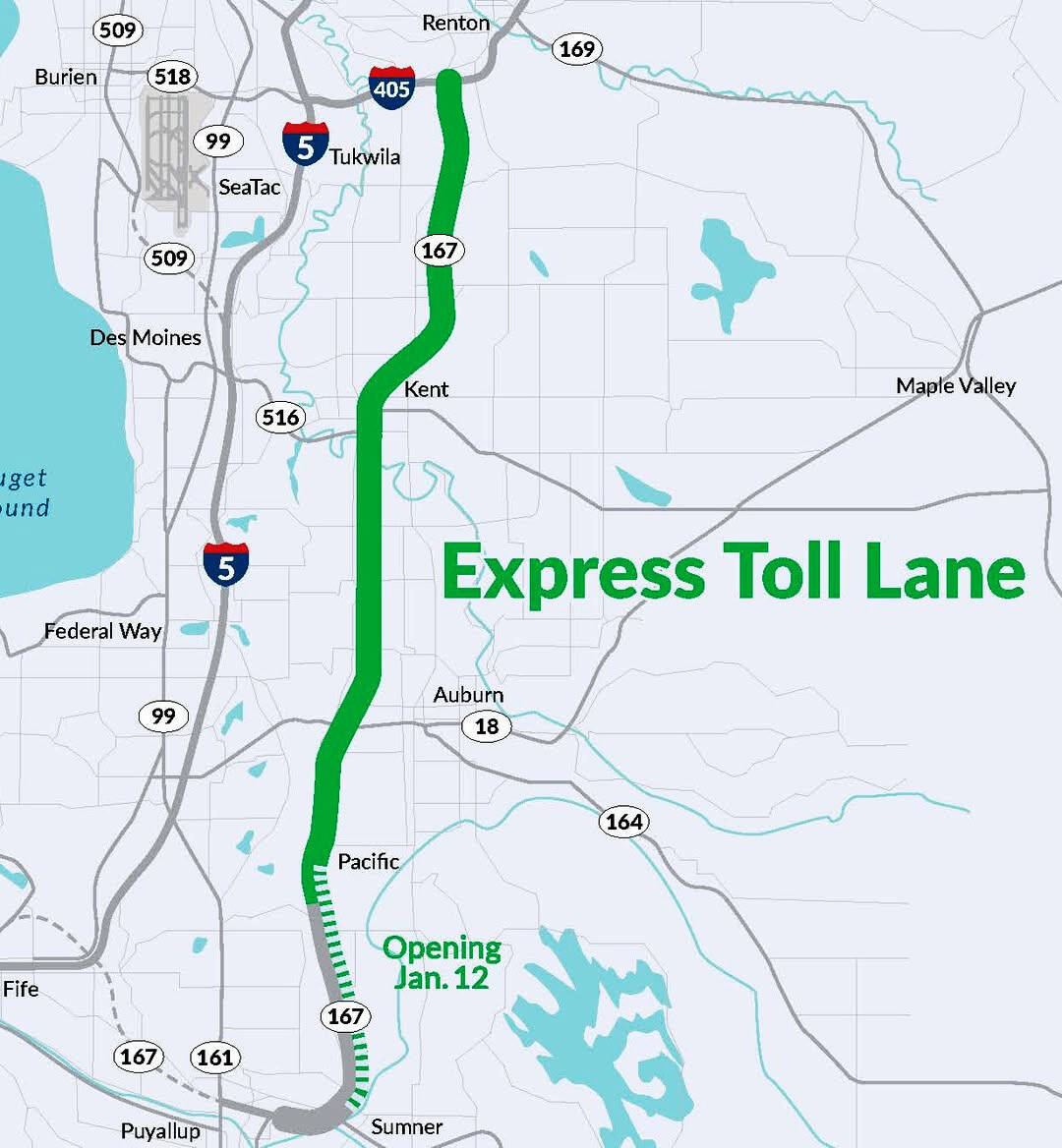 A northbound SR 167 express toll lane will extend Jan. 12 to Highway 410 in Sumner. COURTESY GRAPHIC, WSDOT
