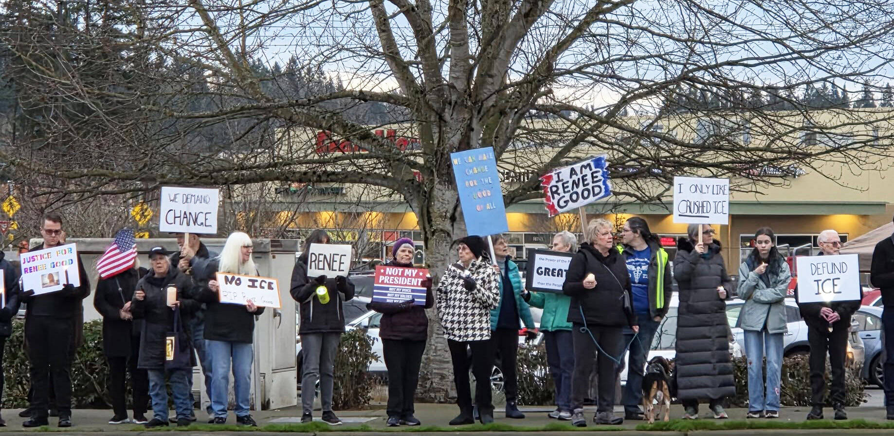 Demonstrators line up Saturday afternoon, Jan. 10 along SE 272nd Avenue in Covington to protest against ICE. COURTESY PHOTO, Indivisible Covington