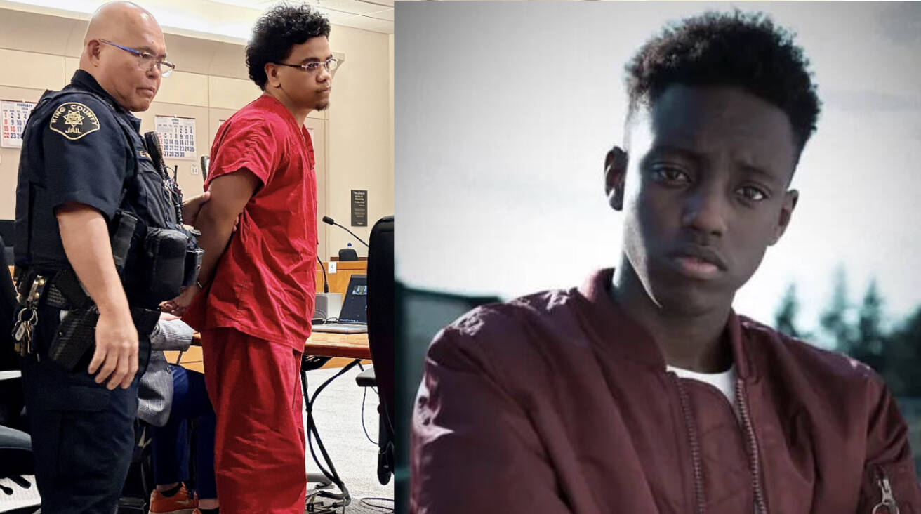 PJ Langu in court. A photo of Tevin Kamau. Photo by Joshua Solorzano, Sound Publishing/Courtesy photo