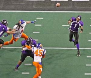 Kent Predators quarterback Charles McCullum competes against Fairbanks in the home opener March 12 at the ShoWare Center. McCullum led the Predators to their first win March 27 at the Tri-Cities.