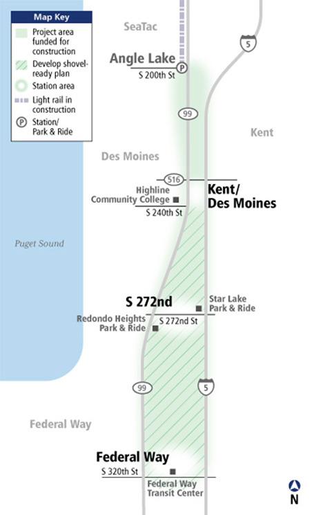 This map shows locations of Sound Transit light rail stations in SeaTac
