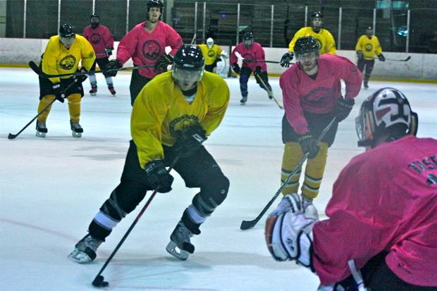 Team Speedtrap's Nuutti Hakkanen gets ready to rifle a shot past Tasers goalie Colin Nash during action Saturday at Kent Valley Centre. Speedtrap won the game