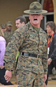 A Marine Corps Drill Instructor barks commands as educators from Washington state get an earful of what the boot camp experience is like.