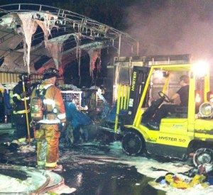 A fire burned linens stored in outdoor canopies early Thursday morning in Kent at a commercial laundry business in the 7800 block of South 228th Street.