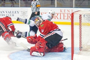 The T-Birds' Nolan Volcan's flips a shot past Winterhawks goalie Adin Hill for his 10th goal of the season at 11:14 of the second period.