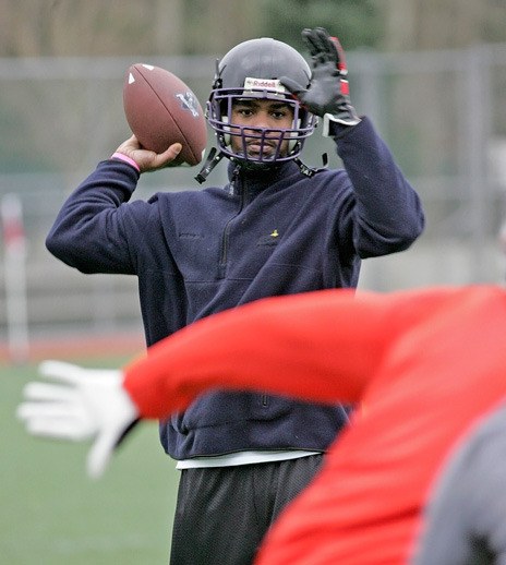 Kent Predators quarterback Charles McCullum prepares at a recent practice at Wilson Playfields for the Indoor Football League opener Feb. 25 at the ShoWare Center.