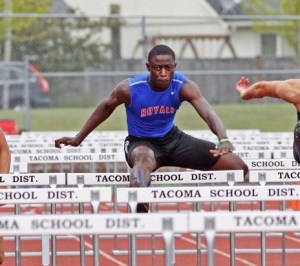 Kent-Meridian's Abu Kamara won both hurdle events at Saturday's West Central District meet in Tacoma