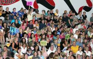 Kent teachers fill the Kentlake High School gym Wednesday evening for a critical meeting of their union