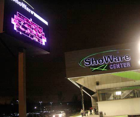 A night beacon in the Kent skies: The long-anticipated ShoWare Center marquee lights up the night Jan. 7 - its first day of operation.
