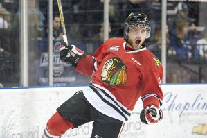 Winterhawks center Chase De Leo celebrates after scoring in the first period of Game 4 Thursday night. Portland went on to beat the Thunderbirds 8-5 to even their playoff series at 2-2.