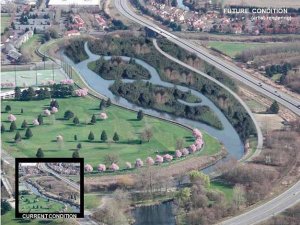 An artist rendering of what a new Green river channel at the former Downey Farmstead site will look like with the relocation of Frager Road.